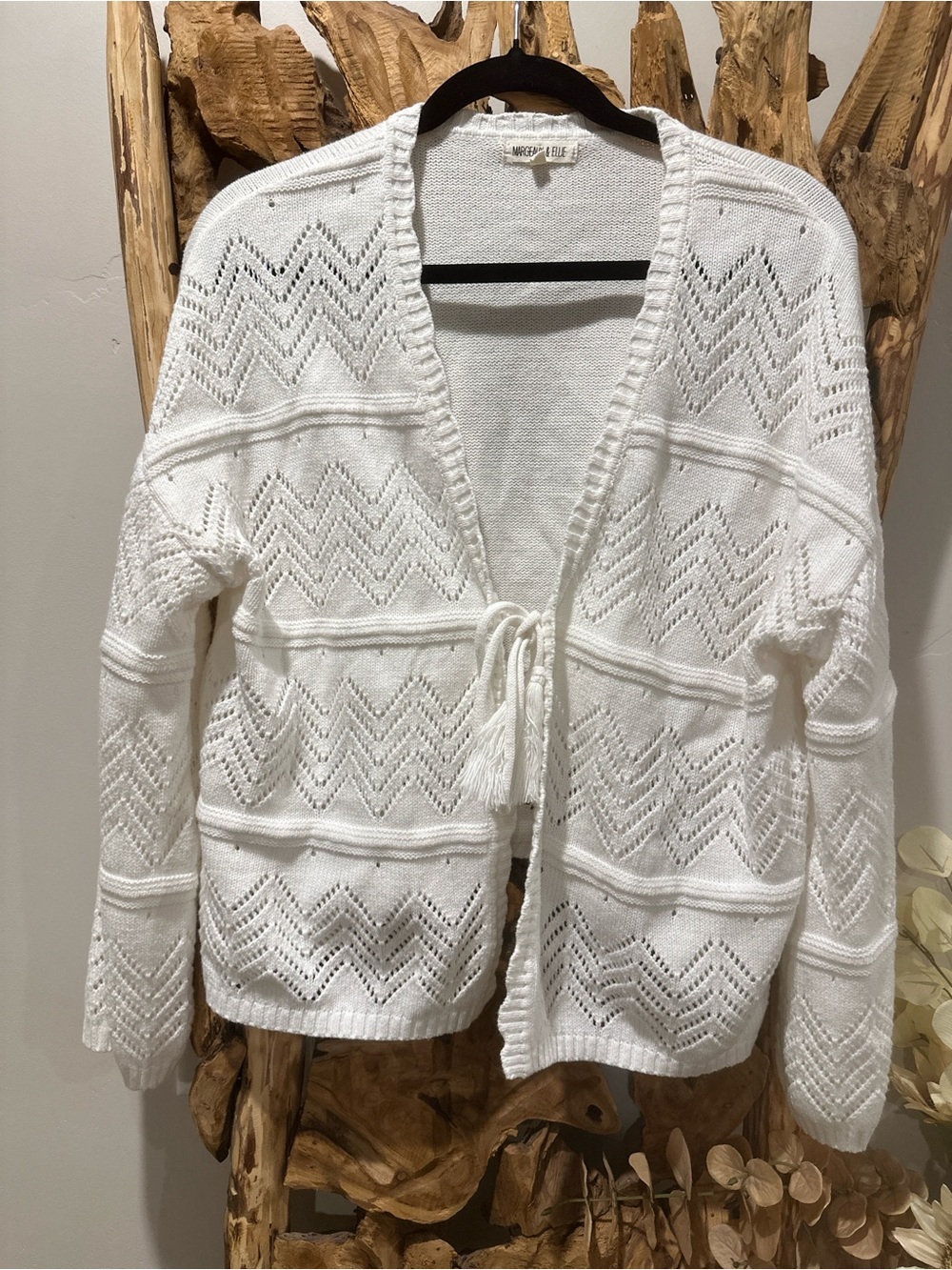 Tie-Front Open-Knit Cardigan Sweater in White